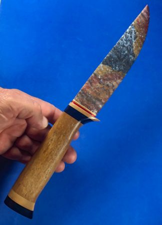 Flint Chert Stone Knife Blade on a Wooden Oak Handle. Traditional